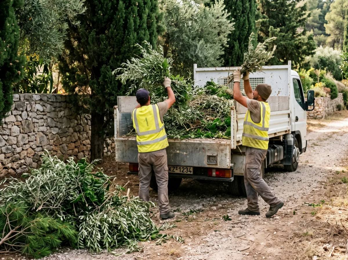 Φόρτωση κομμένων κλαδιών και φυτικών υπολειμμάτων σε ανατρεπόμενο όχημα