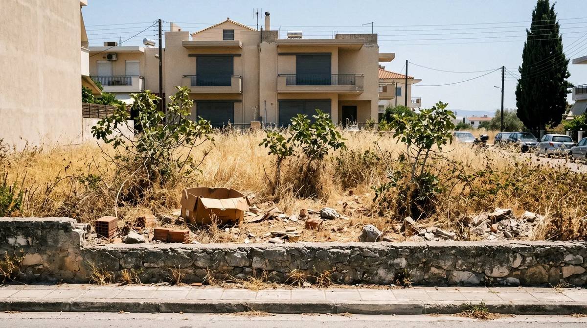 Οικόπεδο με ξερά χόρτα, βάτα και μπάζα πριν τον καθαρισμό